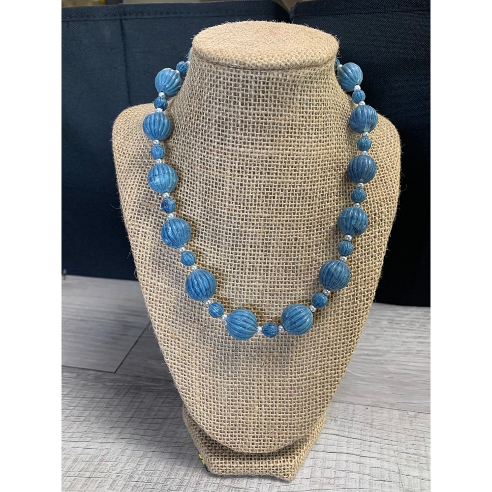 Vintage Blue Ribbed Resin Bead Necklace Silver Tone Spacers 16 Inch Choker Style